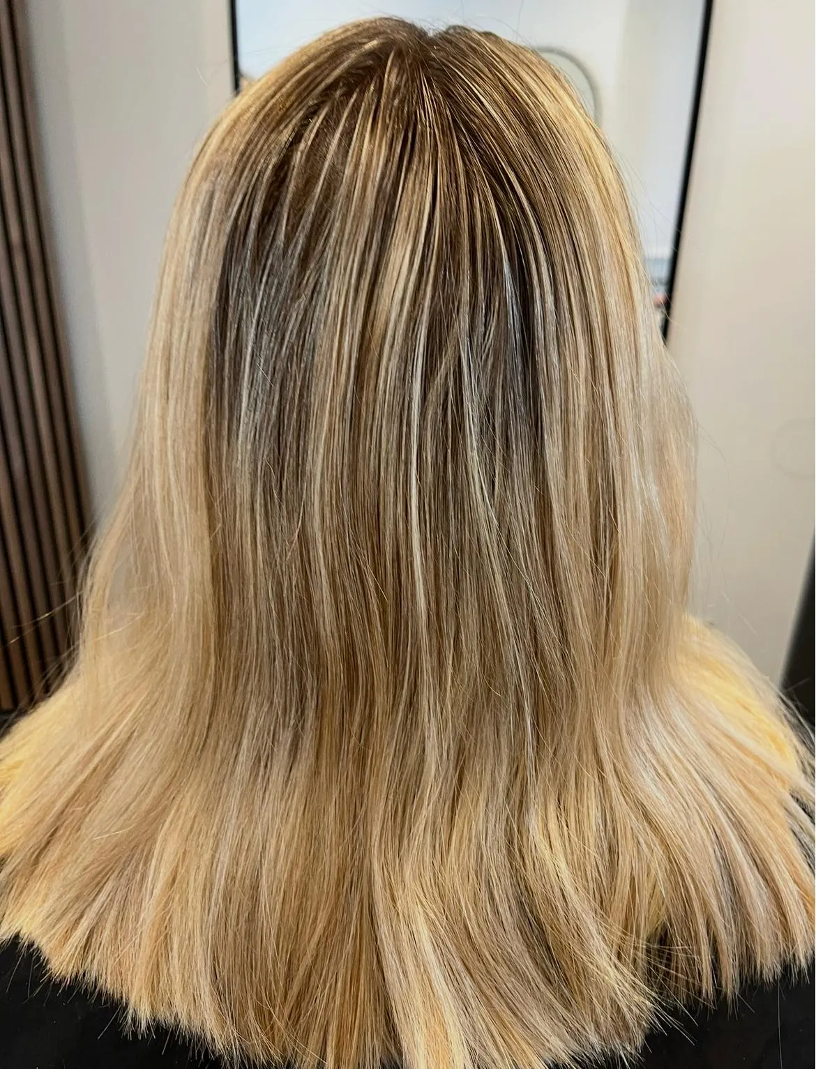 Rear view before: mid-length blonde with grown-out dark roots and uneven tone.