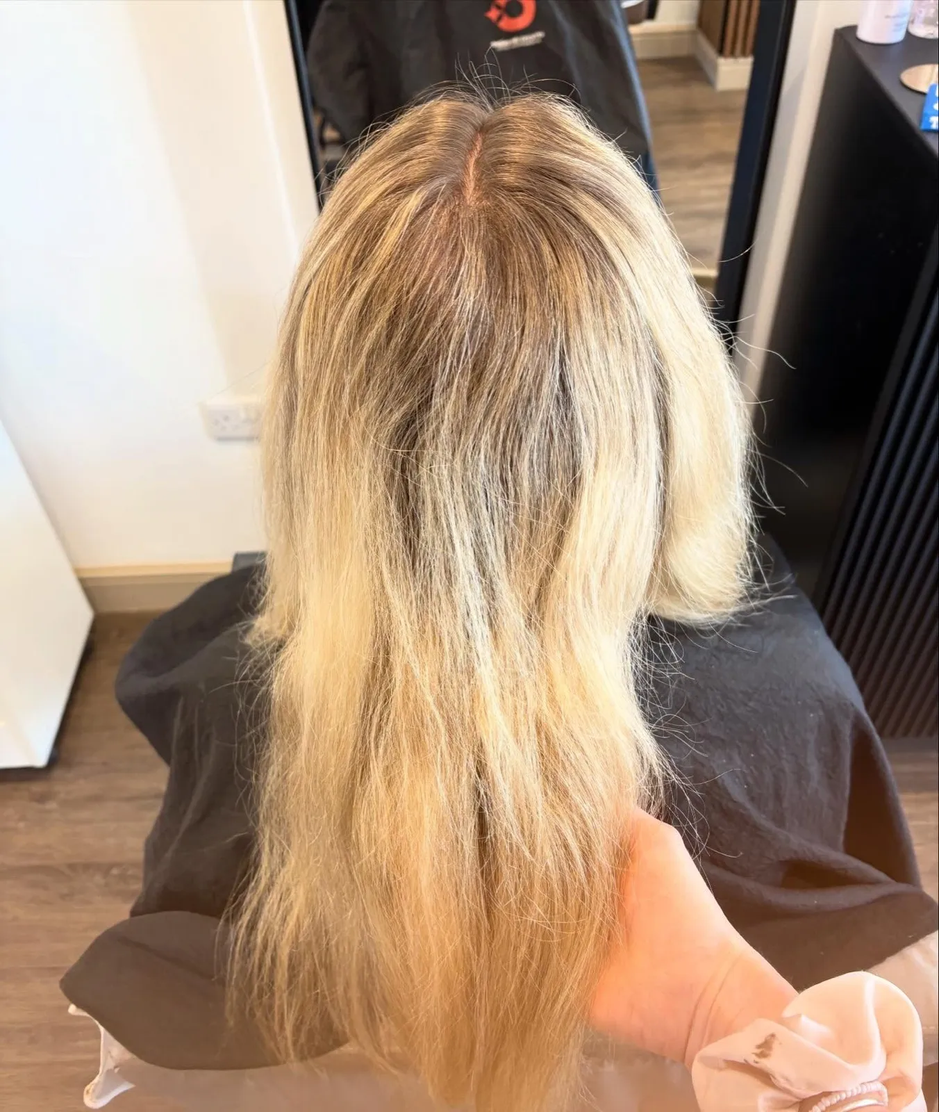 Rear view before: long blonde hair with heavy dark regrowth and dry, brassy ends.