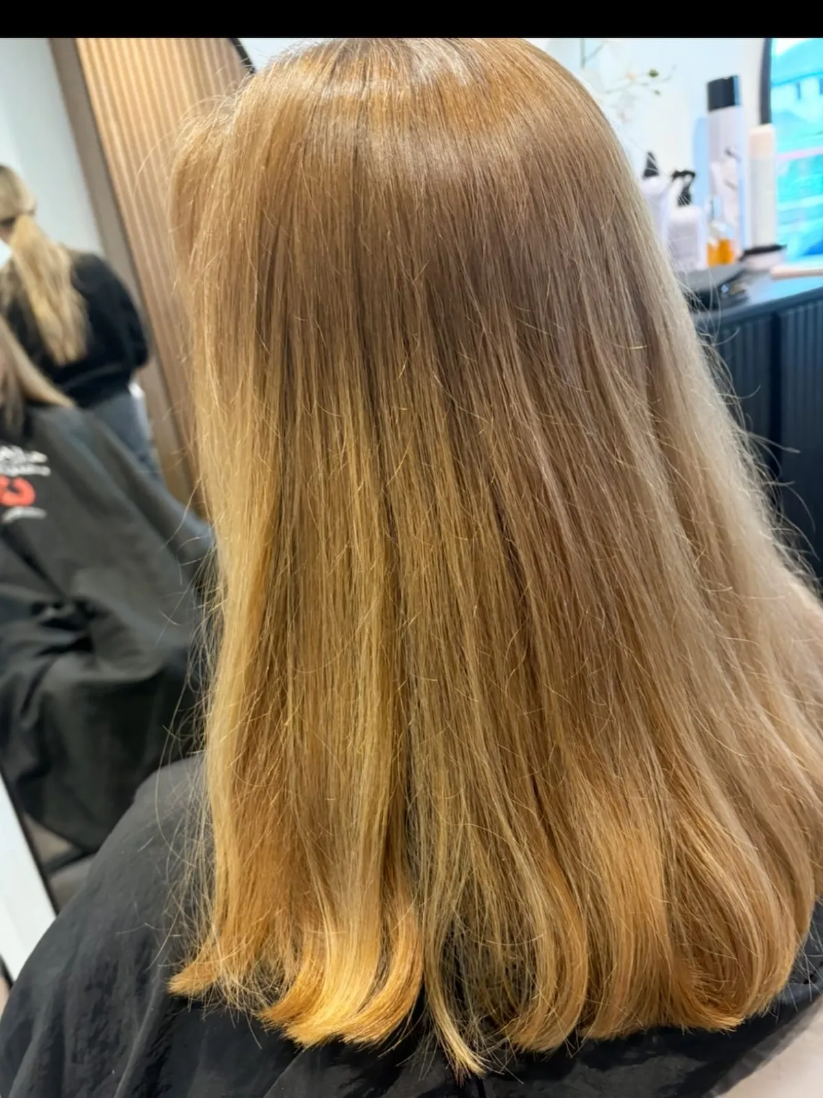 Rear view before: dull golden-brown hair, straight and lacking depth.