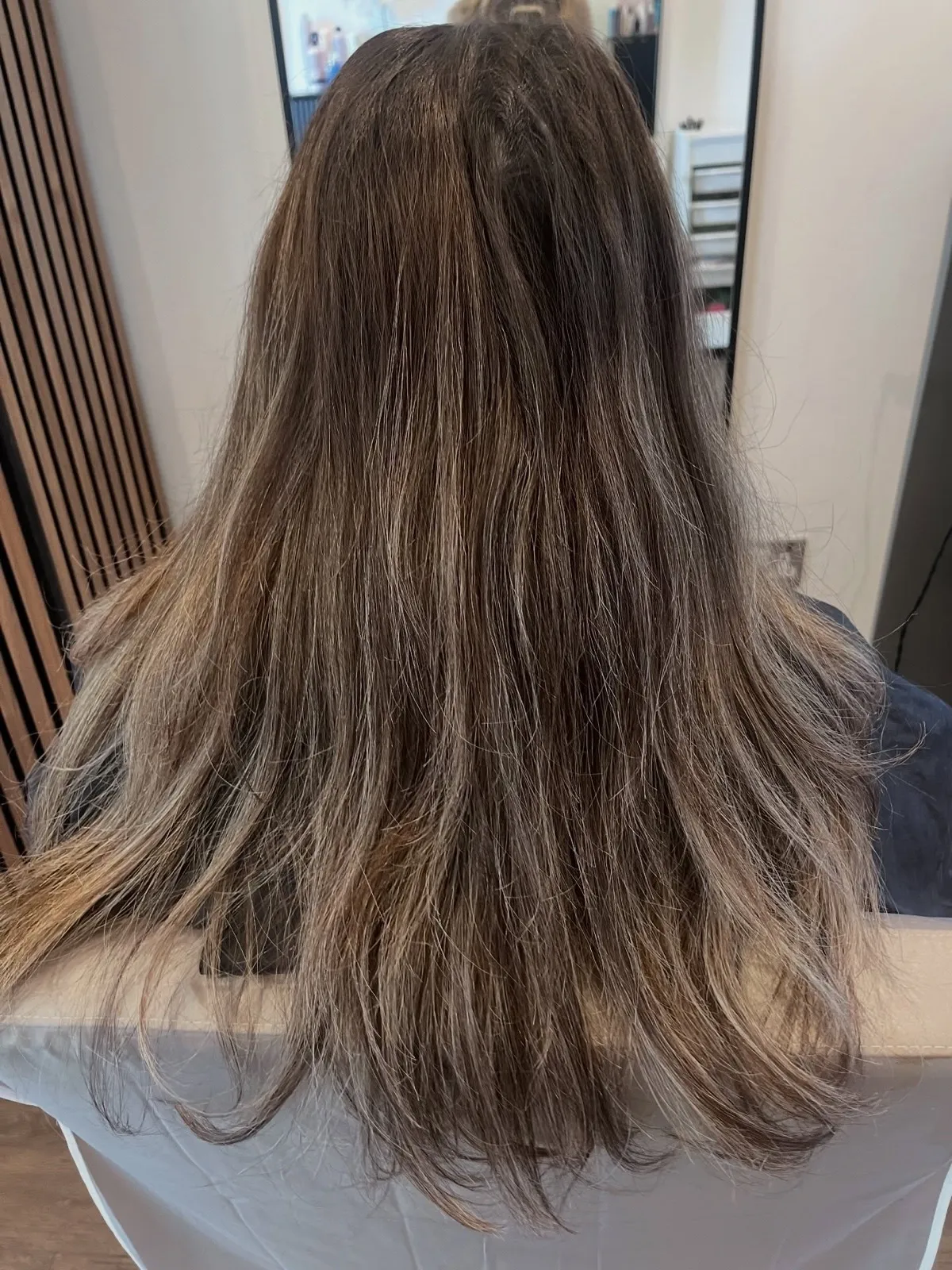 Rear view before: flat undone mousy-brown hair, straight and lacking depth.
